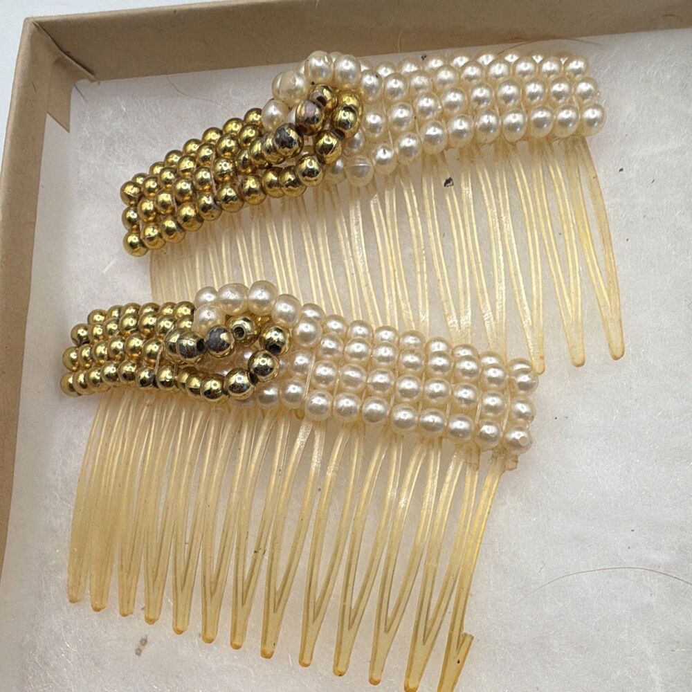 Womens Beaded Hair Comb Set Lot of 2 Faux Pearl Plastic Gold White Clear